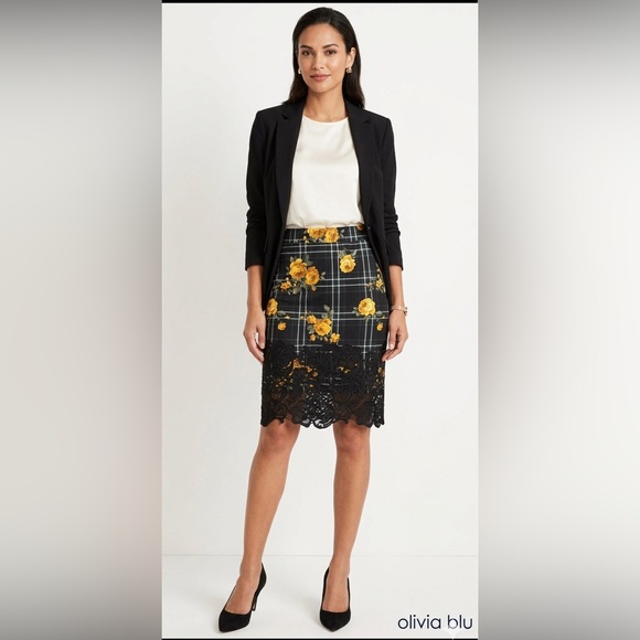 Olivia Blu Dresses & Skirts - Olivia Blu Lace-Trim Floral Plaid Pencil Skirt - Yellow Roses - Size Medium